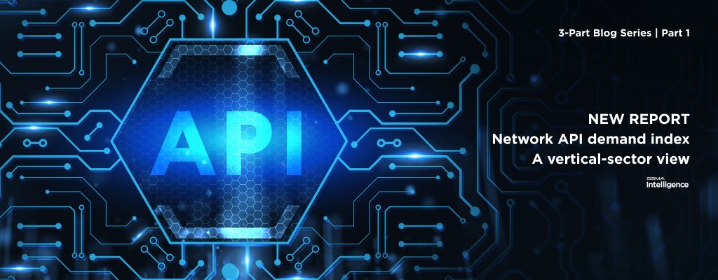 Hexagonal "API" graphic with glowing blue circuit lines, text reads: "NEW REPORT Network API demand index.