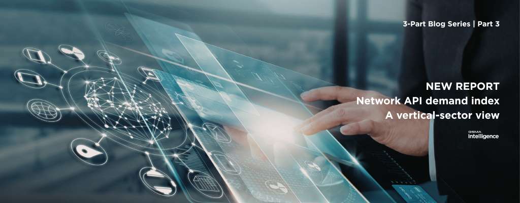 Person using a futuristic digital touchscreen with network icons and the text "Network API demand index report.