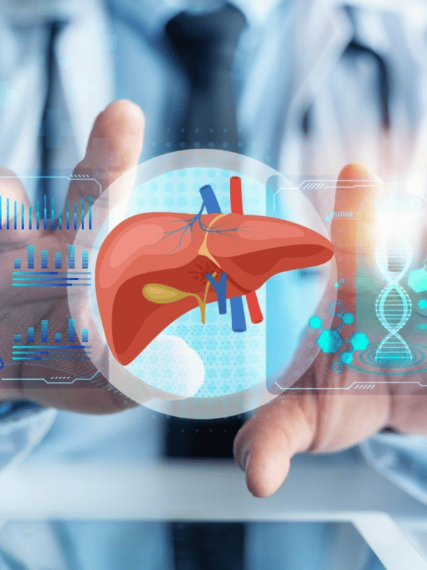 A doctor points at a digital liver diagram with medical data and DNA graphics overlayed.