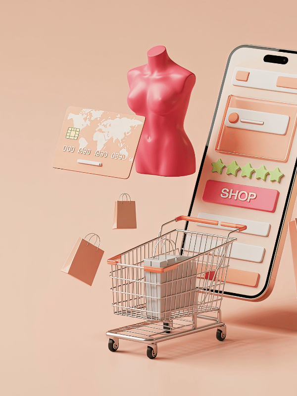 3D render of a shopping cart, mannequin, credit card, phone, and bags, symbolizing online shopping.