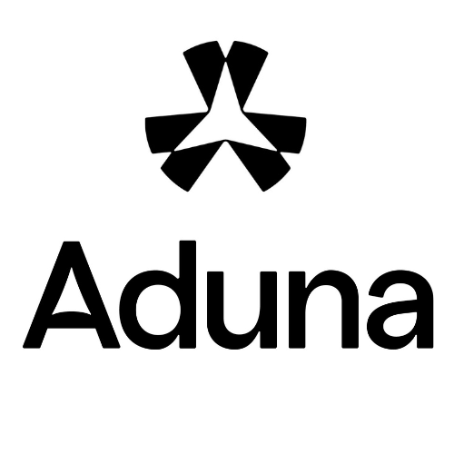Black abstract geometric logo above the word "Aduna" in bold, modern black font on a white background, reflecting innovation in 5G operationalisation and api network monetisation.
