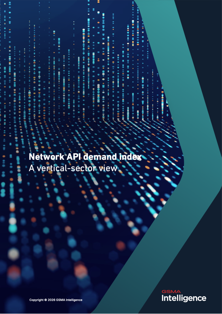 Cover of a GSMA Intelligence report titled "Network API demand index: A vertical-sector view" with digital light patterns.