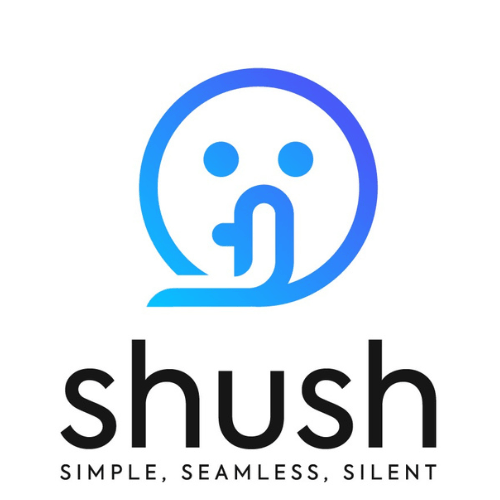 Blue outlined face with a finger to lips, above the word "shush" and the phrase "Simple, Seamless, Silent"—inspired by 5G operationalisation for efficient communication.