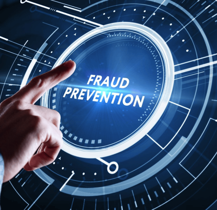 A hand is about to press a circular digital interface button labeled "FRAUD PREVENTION." The futuristic blue and white graphics in the background convey technology, cybersecurity, and a clear statement of requirements for secure operations.