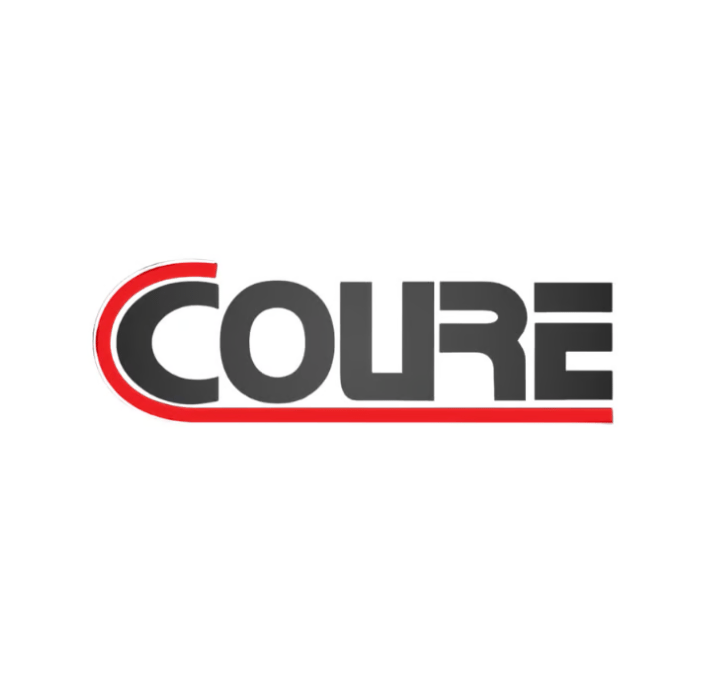 The image shows the word “COURE” in bold, black, uppercase letters. The “C” has a red outline that extends underlining the entire word. The background is white, creating a clean, modern look.