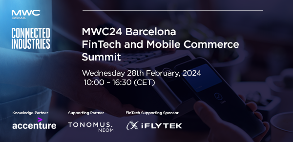 Promotional graphic for mwc24 barcelona event focusing on fintech and mobile commerce, scheduled for 28th february 2024.