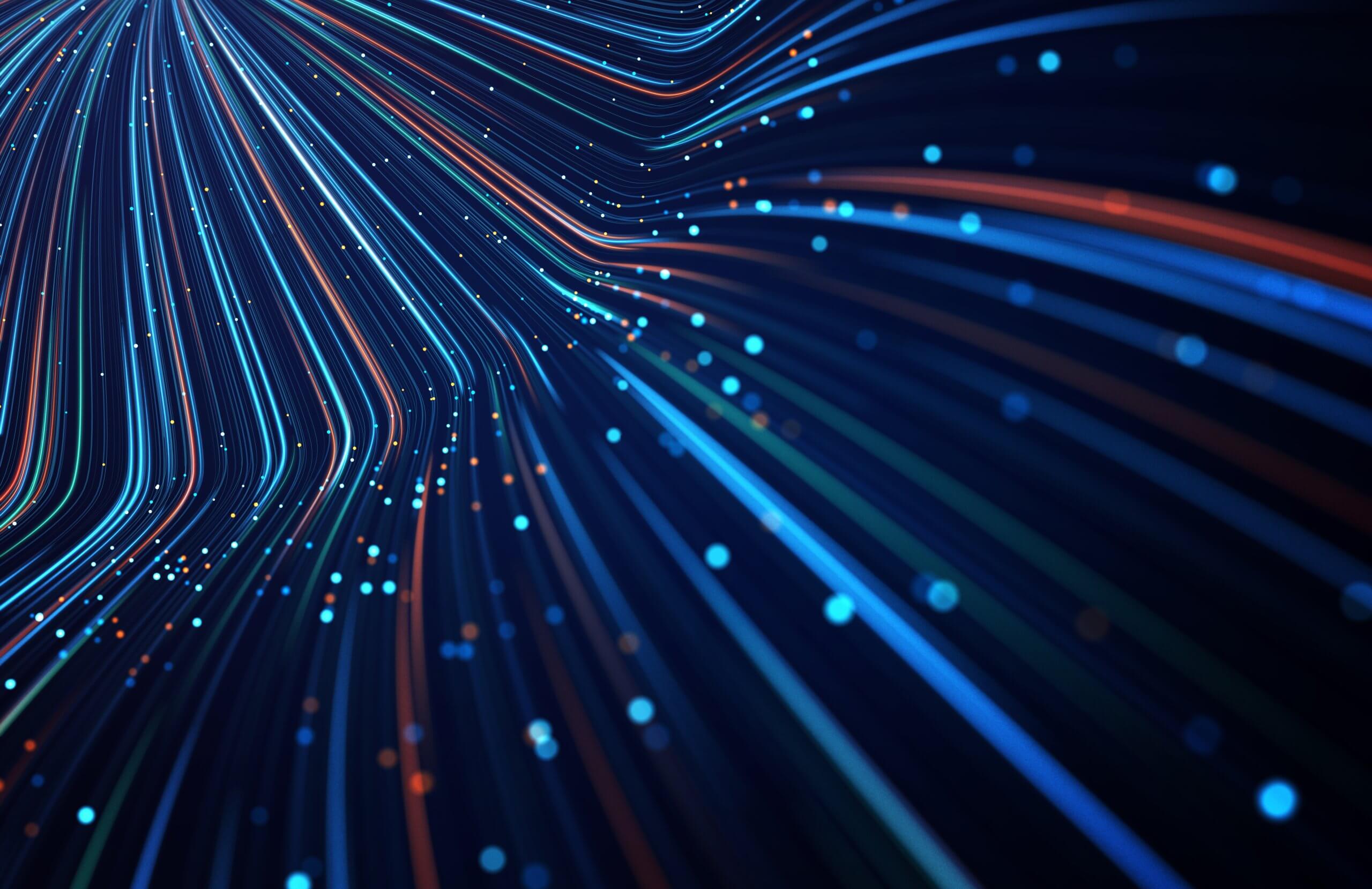 Digital abstract background depicting blue and orange light streaks converging into a vanishing point with glowing particles.