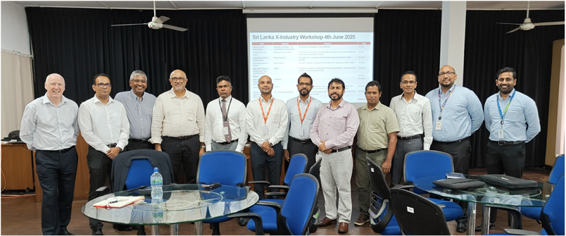 A group of twelve men in business attire stand in a row, smiling at the camera in a conference room. Behind them is a projector screen displaying "Sri Lanka iProductivity Workshop—19 June 2023." Blue chairs and tables are visible in the foreground.