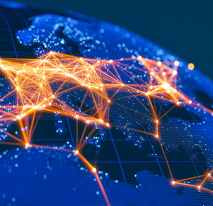 A digital map of the world with glowing orange network lines connecting various cities and regions, illustrating the global reach of mobile fintech solutions.