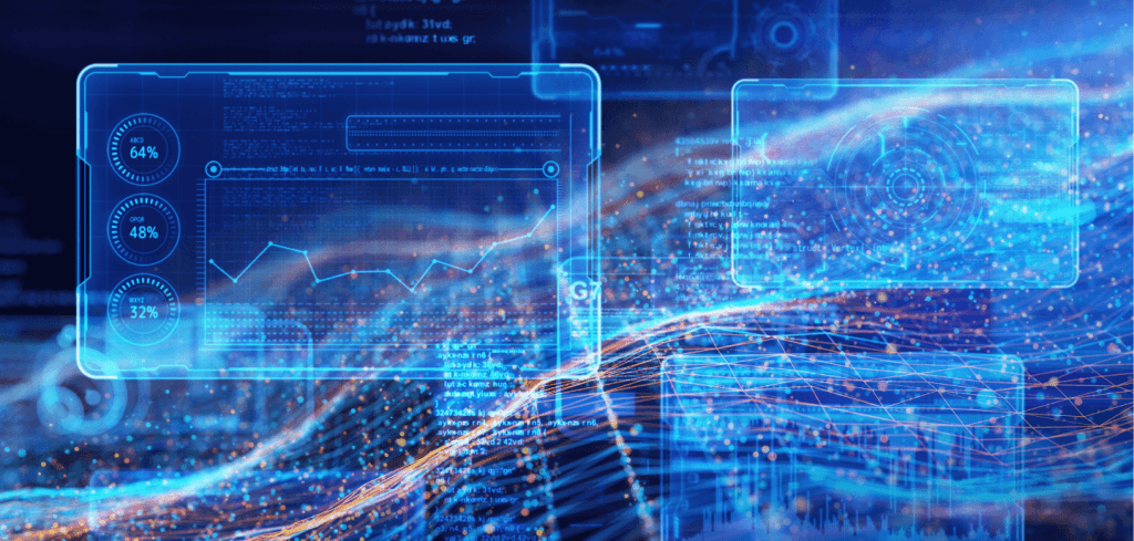 A mobile fintech interface displays glowing blue data charts, circular percentage meters, and lines of code floating over a dynamic, wavy network of interconnected nodes and light streaks against a dark background.