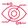 A minimalist red line drawing of an eye with three concentric circles represents the iris and pupil, evoking a technology-inspired design. Two lines extend from the corners, connecting to small circles like nodes, reminiscent of a Production Forum's interconnected network.