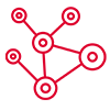 Red geometric network design reminiscent of a Production Forum, with circular nodes connected by lines, forming an abstract pattern. Lines vary in length, and node sizes differ, suggesting a digital network or molecular structure. The white background emphasizes the boldness of the red elements.