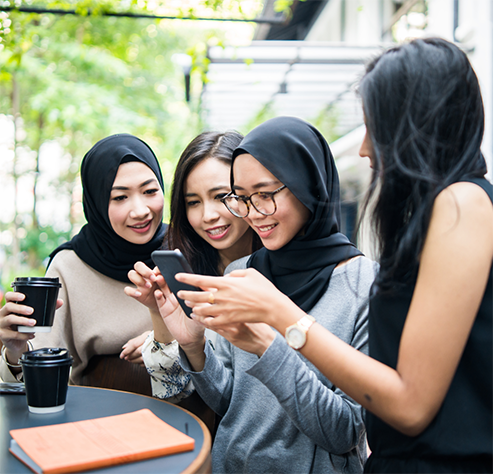4 women using a smart phone