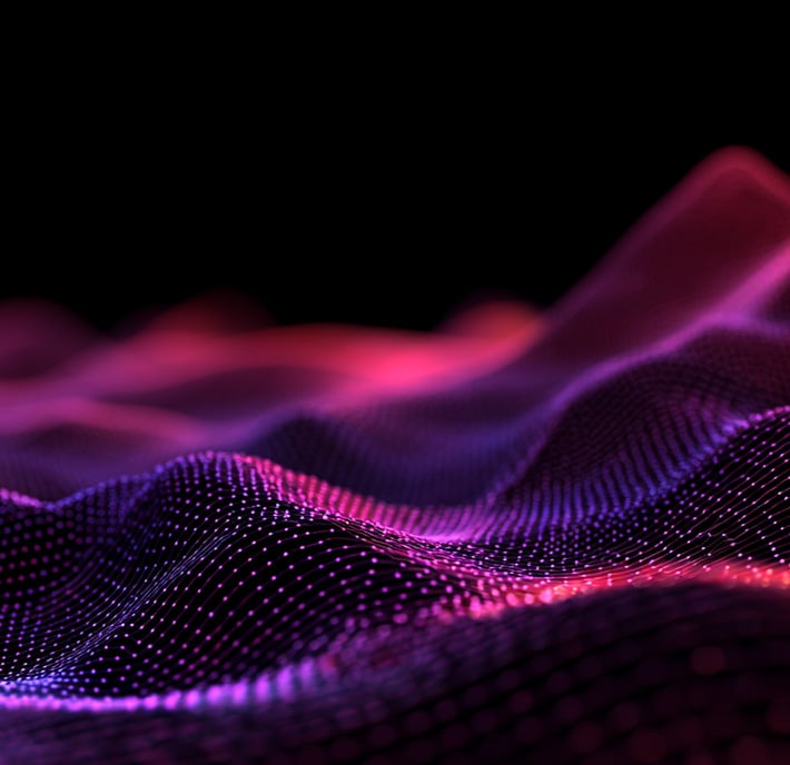 A digital abstract landscape of wavy, undulating lines and dots in purple and pink hues set against a black background, resembling a glowing, futuristic terrain or data visualization with a shimmering, luminous effect.