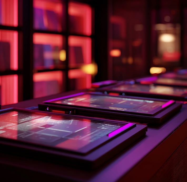 A row of interactive digital screens sits on a table in a dimly lit room with vibrant red and pink ambient lighting, showcasing the impact of AI in mobile technology. Shelves with books or files line the background, creating a high-tech, atmospheric environment.