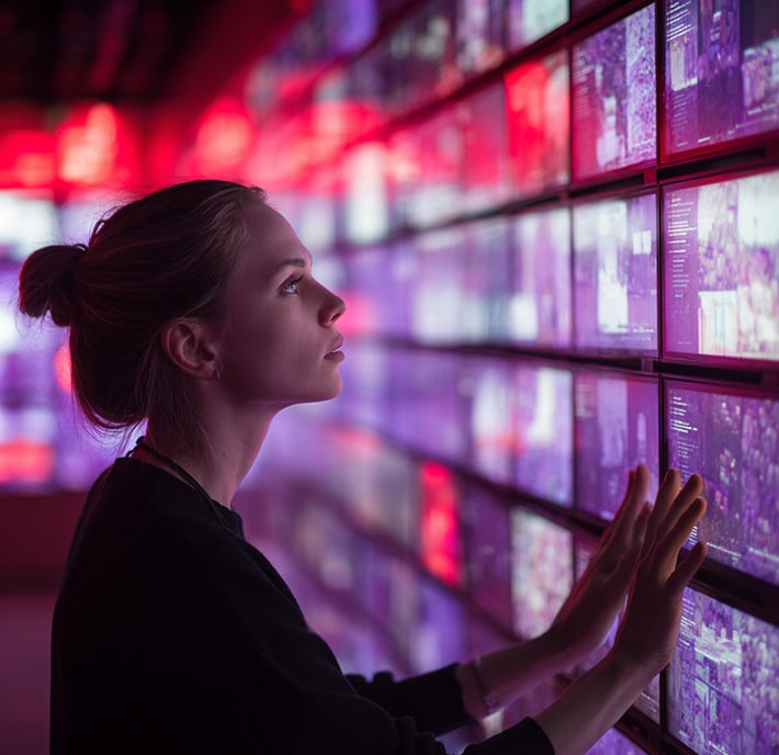 A woman with her hair in a bun stands in front of a large wall of glowing digital screens, touching them with both hands. The screens, powered by AI in mobile, bathe her focused face in purple and red light as she examines the digital information.
