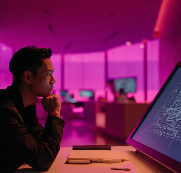 A person sits at a desk in a dim room with pink lighting, focusing intently on a large computer screen displaying technical architectural drawings and LLM Benchmarks. An open notebook and pen are on the desk, with more computer stations visible in the background.