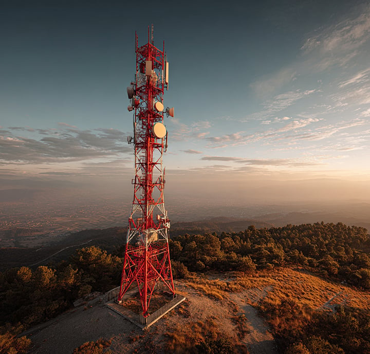 A tall red and white telecommunications tower, reminiscent of LLM Benchmarks in reliability, stands on a hilltop surrounded by trees. Numerous antennas dot its frame as warm sunlight and drifting clouds cast long shadows across the forested landscape below.