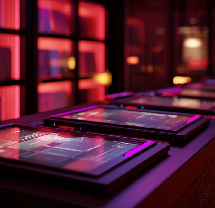 A row of digital tablets with styluses lies on a dark table in a dimly lit room, illuminated by red and purple lighting. In the background, softly lit shelves hint at a modern, high-tech space—perfect for exploring Agentic AI in telecom.