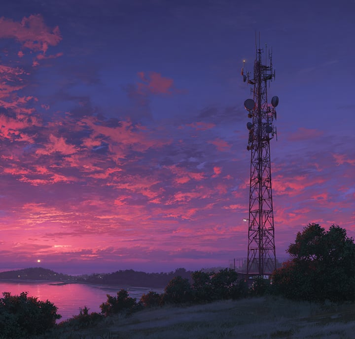 A tall radio or cell tower, powered by Agentic AI for telecom, stands on a grassy hill at dusk. Dramatic pink and purple clouds fill the sky as the sun sets near a distant river, casting a colorful glow over the scene.