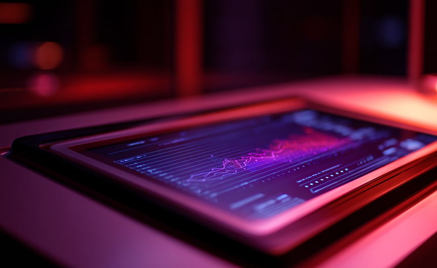 A close-up of a touchscreen tablet displaying colorful, illuminated data analytics graphs, mainly in shades of pink and purple, highlights Agentic AI for telecom in a dimly lit, modern room with red ambient lighting. The tablet rests on a smooth surface.