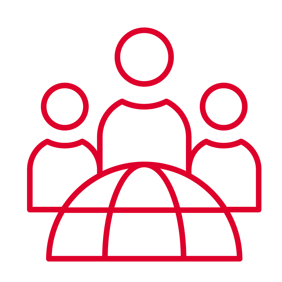 A red line drawing shows three simplified human figures behind a globe, symbolizing global community, teamwork, and the worldwide connection that technology can foster. The image is simple with no background or extra details.