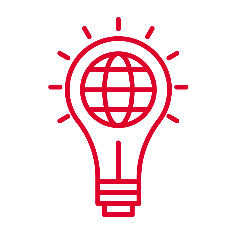 A red outline of a lightbulb with a globe inside it. Radiating lines around the bulb suggest global ideas, or worldwide innovation. The image symbolizes creativity and technological progress on a white background.