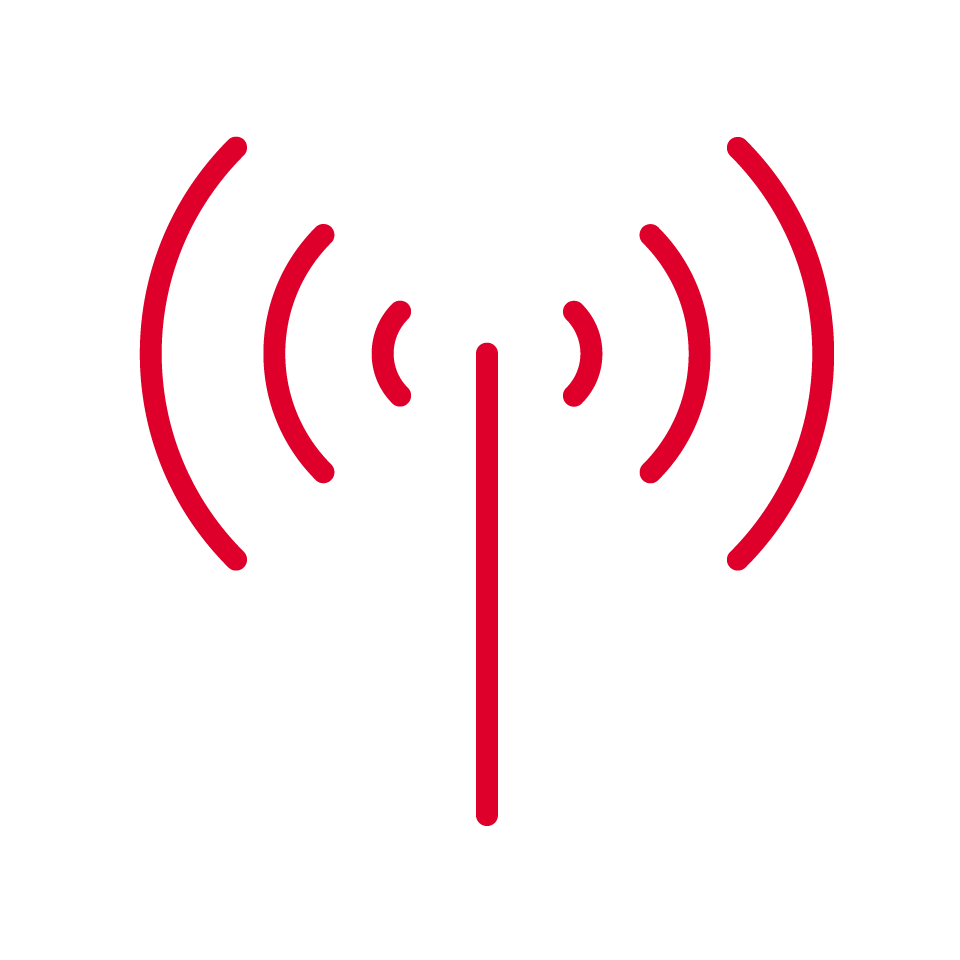 A simple red icon on a white background shows a vertical line with three curved lines on each side, increasing in size outward, representing radio signal, wireless connection, or broadcast transmission—ideal for illustrating technology.