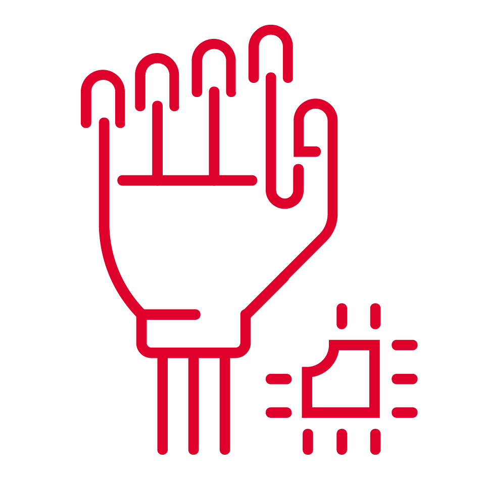A red line drawing of a robotic hand with four fingers raised and thumb extended sits beside a microchip, both in red, symbolizing technology and artificial intelligence. The light gray background enhances the modern design.