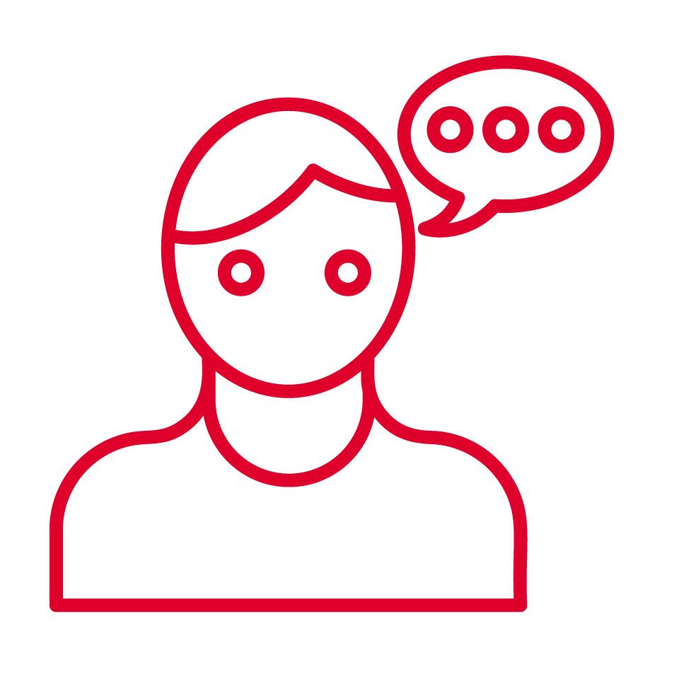 A simple red line drawing of a person from the shoulders up with a speech bubble containing three dots above their right shoulder, representing communication or conversation, hints at interactions. The background is white.