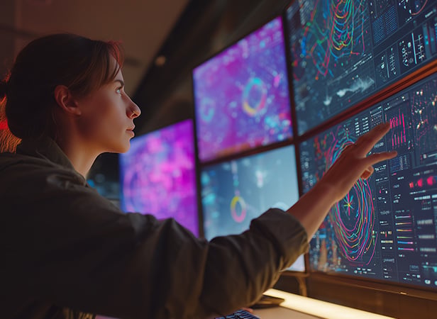 A woman in a dimly lit room intently interacts with large computer monitors displaying colorful data visualizations, charts, and graphs, suggesting she is analyzing complex digital information or evaluating LLM benchmarks in a high-tech system.