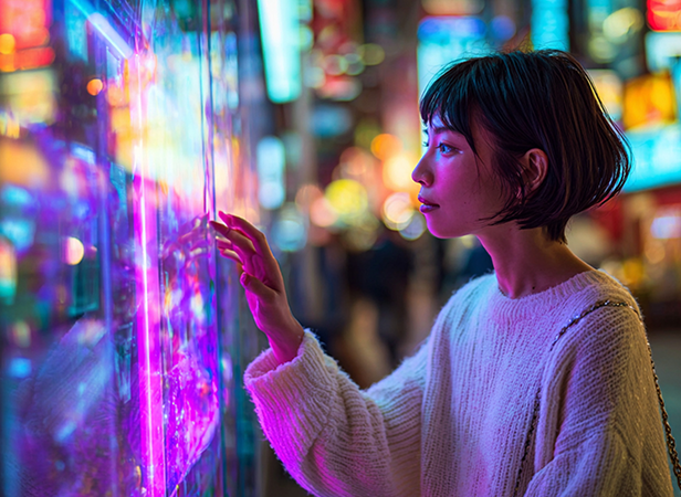 A woman with short dark hair and a white sweater touches a glowing, colorful digital screen at night, exploring AI in mobile. Neon lights illuminate her face with pink, blue, and purple hues against a softly blurred urban background.