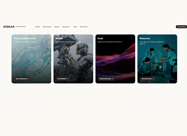 Four cards on a webpage labelled Index, Models, Evals, and Resources, each with related images and buttons—perfect for exploring Artificial Intelligence Telco AI tools or accessing Open Telco AI Benchmarks for LLMs.