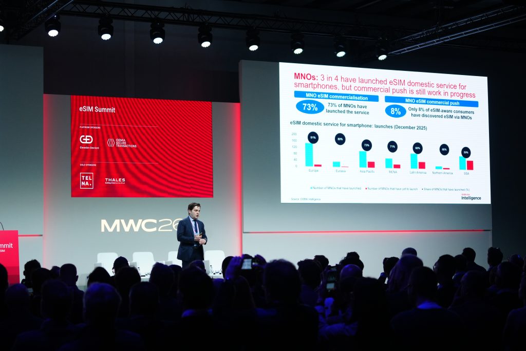 Man presenting eSIM data on stage at MWC23 summit, with audience and slides showing graphs and statistics.