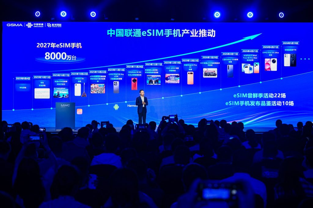 A presenter stands on a stage before a large audience, with a blue-lit screen displaying Chinese text, images of mobiles, and a timeline labelled 2027. Graphics and company logos appear above, highlighting eSIM mobile industry trends and projections in China.