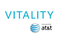 attvitalityglowcapscasestudy The image displays the word "VITALITY" in light blue uppercase letters. Below, there's the AT&T logo, a blue and white globe design, with the text "Connected by at&t" in black lowercase letters to the right of the logo. The background is white.