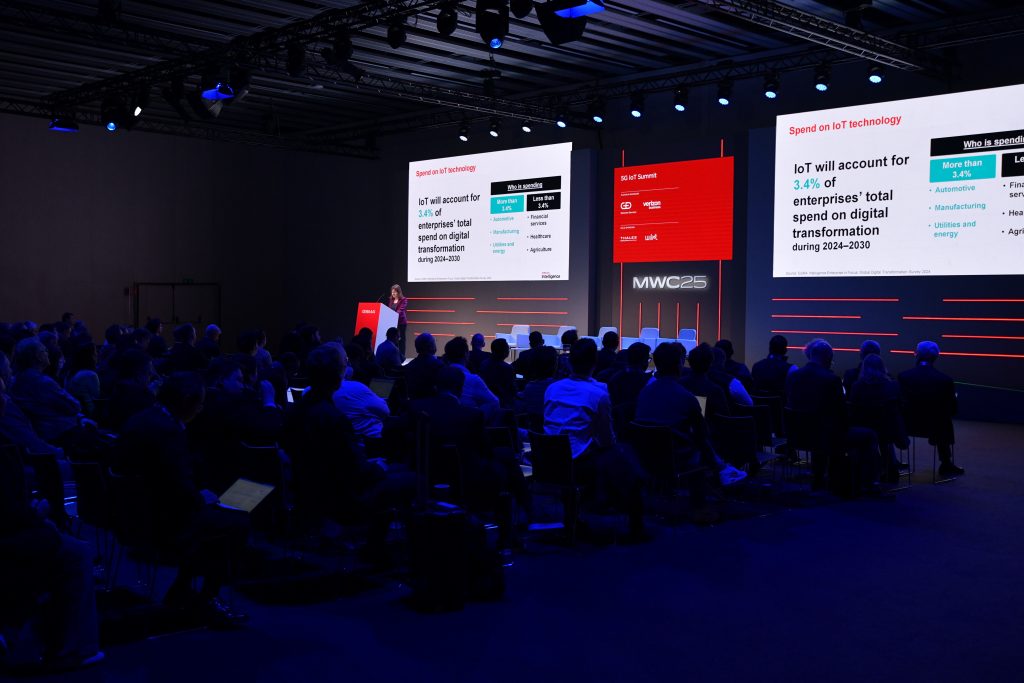 A speaker presents on stage to a seated audience at a tech conference. Large screens display slides with statistics on IoT and digital transformation spending. The room is dimly lit, with blue tones and the event name “MWC25” visible at the front.