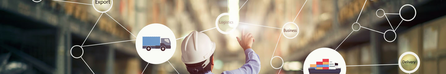 A person in a white hard hat and vest stands in a warehouse, reaching toward glowing icons connected by lines. Icons depict a truck, shipping container, and keywords like “logistics,” “business,” “export,” and “delivery,” symbolizing supply chain processes.