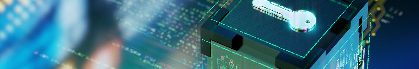 A close-up digital illustration of a circuit board with a glowing padlock symbol, representing cybersecurity or data protection. The background features blurred computer code and circuitry, highlighting a high-tech, secure digital environment.