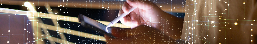 A hand uses a stylus on a tablet screen, with bright lines and dots overlaid, representing digital connectivity and technology. Light reflections and abstract digital effects create a futuristic, high-tech atmosphere.