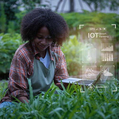 Woman using a laptop in a garden with smart farming lpwan data graphics overlaid, surrounded by green plants.