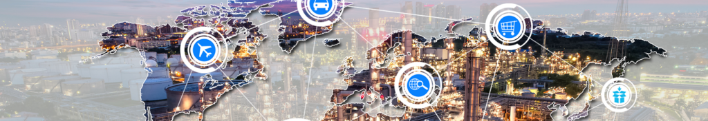World map overlaid on a cityscape with icons representing global trade and logistics connections.