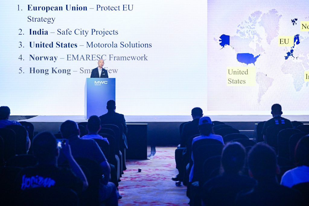 A speaker stands at a podium labeled “MWC” in front of an audience. A large screen shows a list of five regions and projects, with a partial world map highlighting the EU and the US. The room is dimly lit except for the stage.