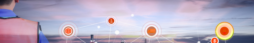 A person in a safety vest stands facing digital icons floating above an industrial landscape at sunset. Icons include a globe, plant, truck, computer, and dollar sign, all connected by lines, symbolizing technology and industry integration.