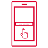 Red icon of a refrigerator with a water or ice dispenser on the door. The refrigerator consists of a freezer section on the top and a refrigerator section on the bottom.