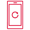 An icon of a mobile phone with a circular arrow in the center, depicted in red on a white background.
