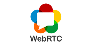 Logo featuring a speech bubble at the center surrounded by six colored circles (red, green, yellow, orange, blue). Below, the text "WebRTC" is printed in black. The design resembles a flower with the speech bubble as the core, representing real-time communication.