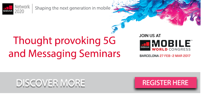 Promotional banner for GSMA Mobile World Congress 2017 in Barcelona from February 27 to March 2. Features text about 5G and messaging seminars. Includes "Discover More" and "Register Here" buttons, along with a blue and pink abstract design in the corner.