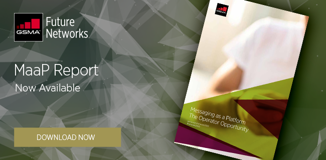 Promotional graphic for GSMA Future Networks. Features the text "MaaP Report Now Available" next to an image of the report cover titled "Messaging as a Platform: The Operator Opportunity." A "Download Now" button is at the bottom. Background has an abstract geometric design in green tones.