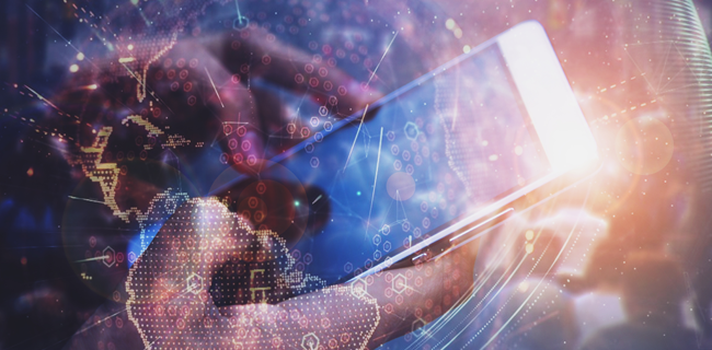 A person holds a smartphone, surrounded by digital graphics and light effects. Overlay elements include binary code, hexagons, and glowing lines, creating a futuristic, technological theme that mirrors the concept of a Universal Profile. The background is blurred with blue and pink hues, emphasizing the digital interface.